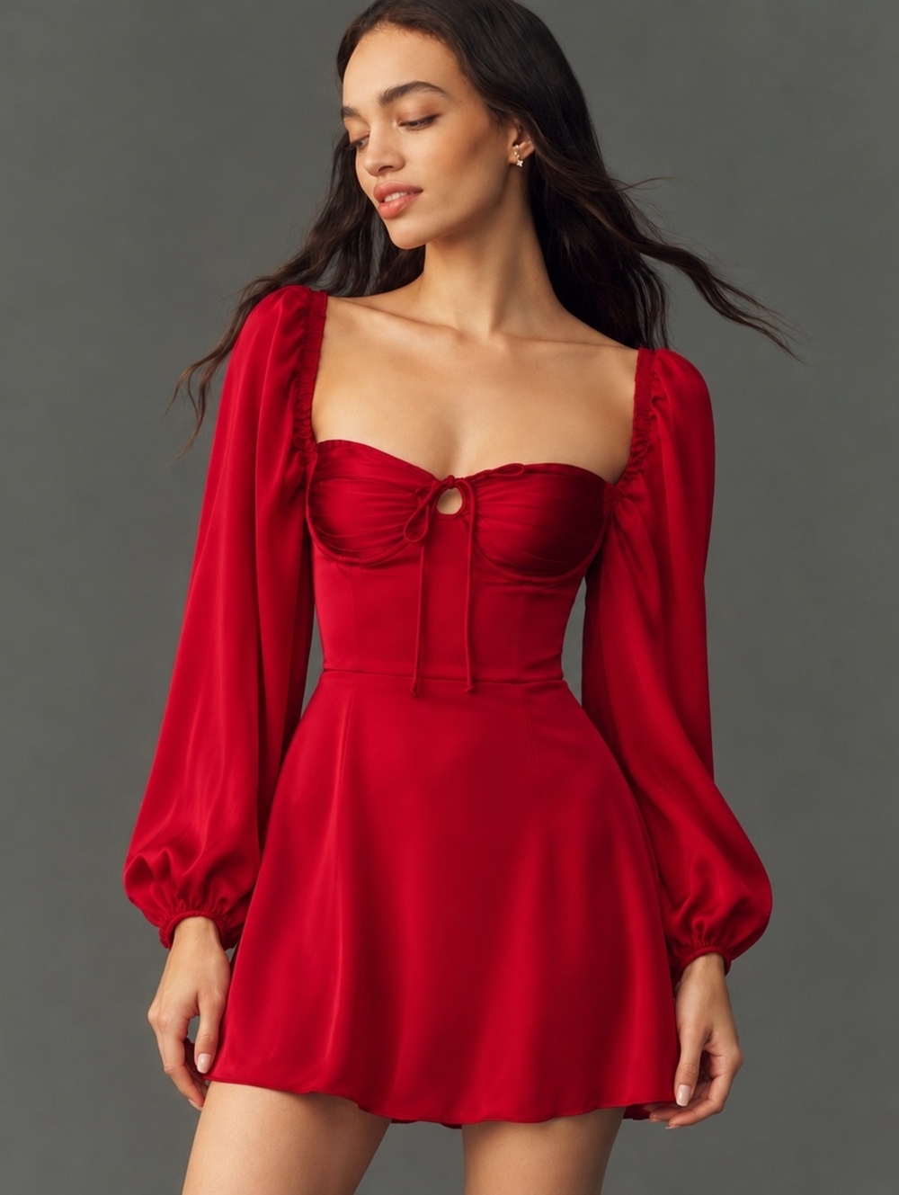 ASTR The Label Red Satin Puff Sleeve Bustier Mini Dress Size M
